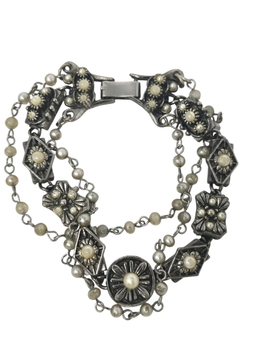 Vintage Judy Lee Bracelet Silvertone and Faux Pearl Multi Link 1950's